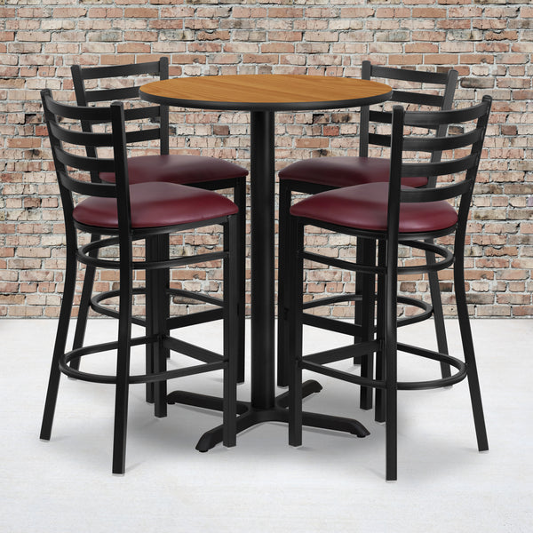 30'' Round Natural Laminate Table Set with X-Base and 4 Ladder Back Metal Barstools - Burgundy Vinyl Seat