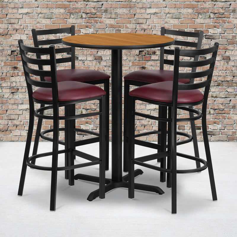 30'' Round Natural Laminate Table Set with X-Base and 4 Ladder Back Metal Barstools - Burgundy Vinyl Seat