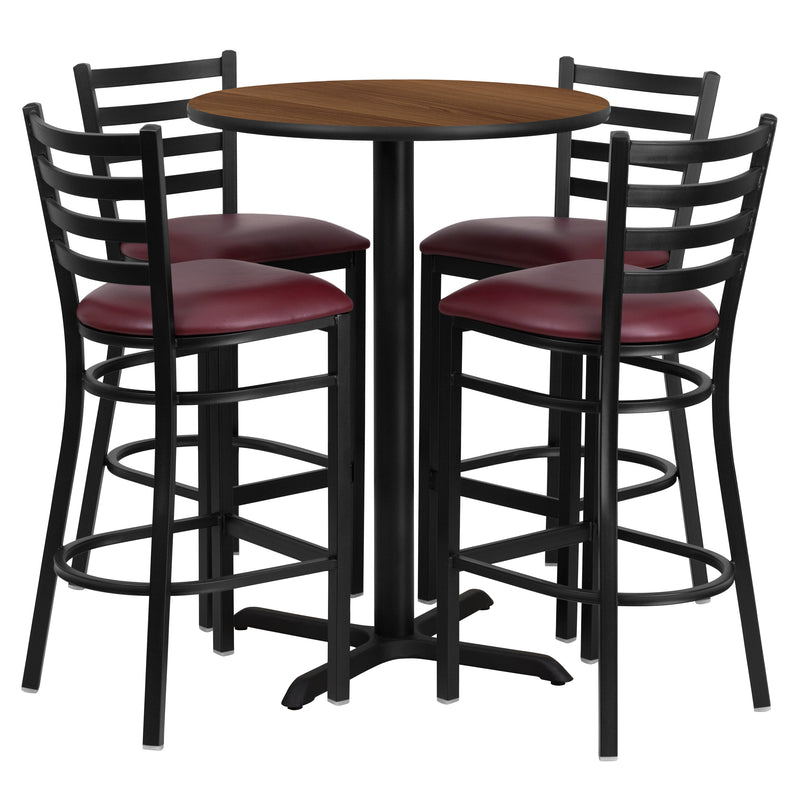 30'' Round Walnut Laminate Table Set with X-Base and 4 Ladder Back Metal Barstools - Burgundy Vinyl Seat