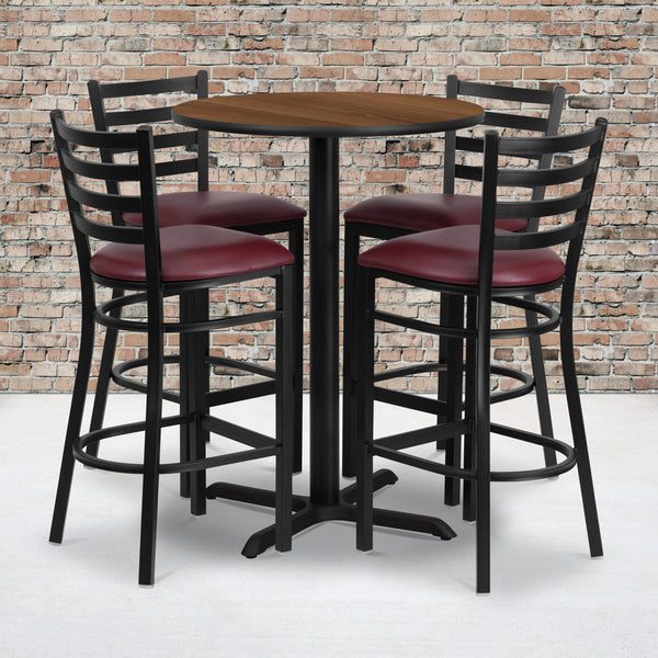 30'' Round Walnut Laminate Table Set with X-Base and 4 Ladder Back Metal Barstools - Burgundy Vinyl Seat