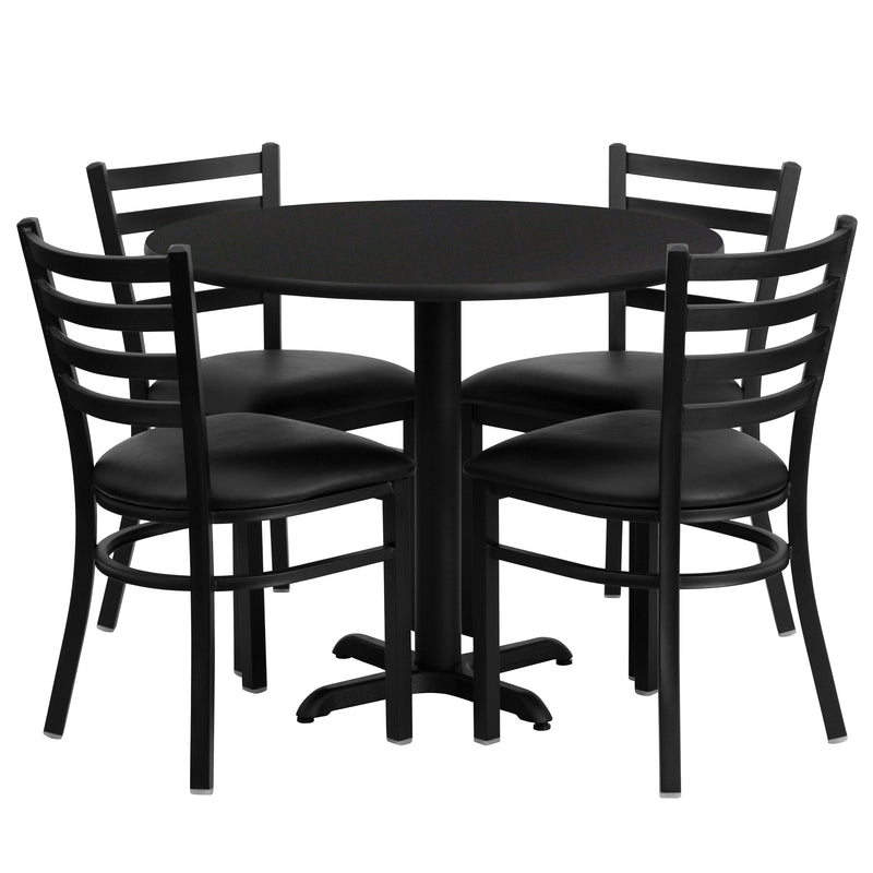 36'' Round Black Laminate Table Set with X-Base and 4 Ladder Back Metal Chairs - Black Vinyl Seat