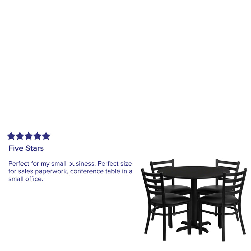 36'' Round Black Laminate Table Set with X-Base and 4 Ladder Back Metal Chairs - Black Vinyl Seat