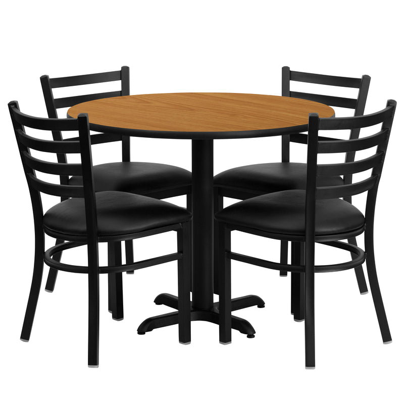 36'' Round Natural Laminate Table Set with X-Base and 4 Ladder Back Metal Chairs - Black Vinyl Seat