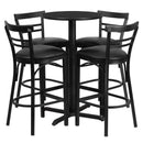 24'' Round Black Laminate Table Set with X-Base and 4 Two-Slat Ladder Back Metal Barstools - Black Vinyl Seat