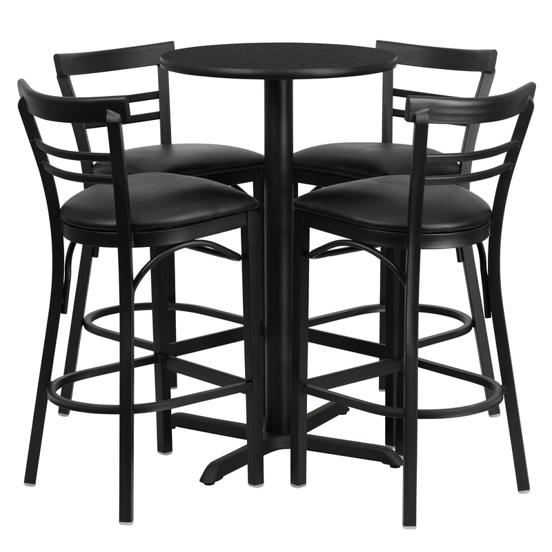 24'' Round Black Laminate Table Set with X-Base and 4 Two-Slat Ladder Back Metal Barstools - Black Vinyl Seat