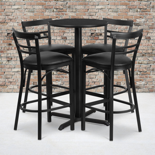 24'' Round Black Laminate Table Set with X-Base and 4 Two-Slat Ladder Back Metal Barstools - Black Vinyl Seat