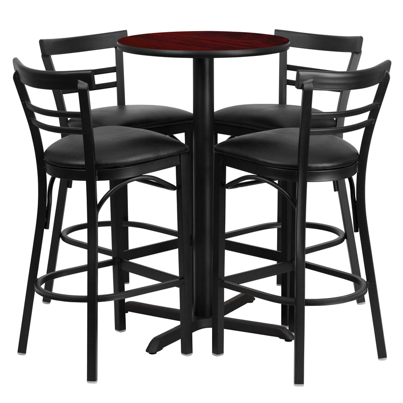 24'' Round Mahogany Laminate Table Set with X-Base and 4 Two-Slat Ladder Back Metal Barstools - Black Vinyl Seat