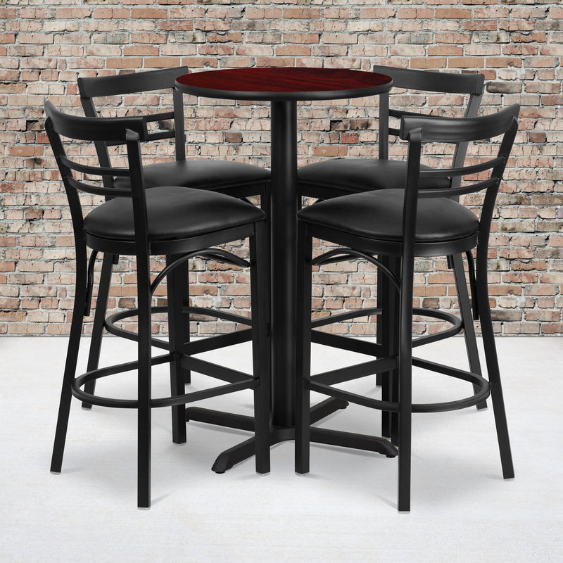 24'' Round Mahogany Laminate Table Set with X-Base and 4 Two-Slat Ladder Back Metal Barstools - Black Vinyl Seat