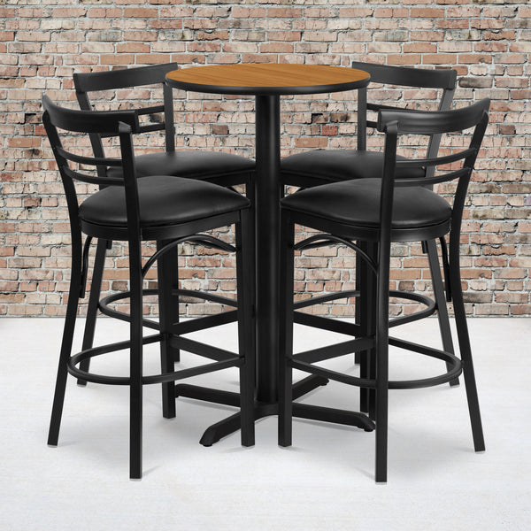 24'' Round Natural Laminate Table Set with X-Base and 4 Two-Slat Ladder Back Metal Barstools - Black Vinyl Seat