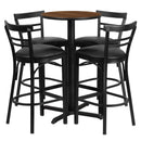 24'' Round Walnut Laminate Table Set with X-Base and 4 Two-Slat Ladder Back Metal Barstools - Black Vinyl Seat