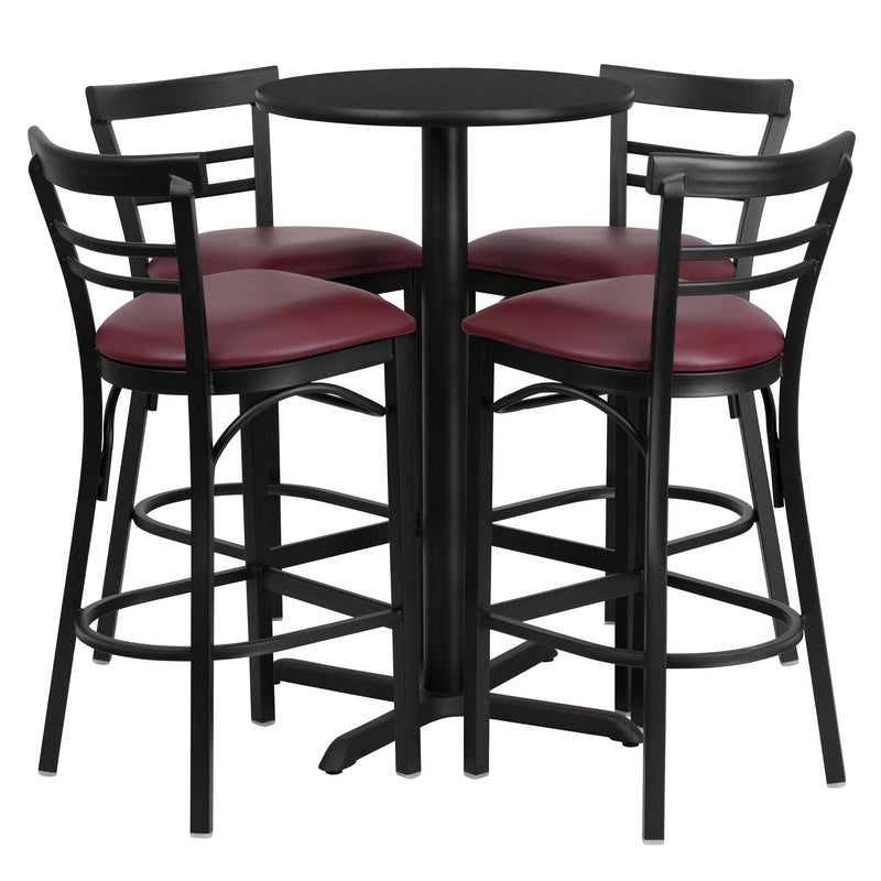 24'' Round Black Laminate Table Set with X-Base and 4 Two-Slat Ladder Back Metal Barstools - Burgundy Vinyl Seat