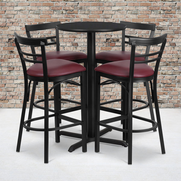 24'' Round Black Laminate Table Set with X-Base and 4 Two-Slat Ladder Back Metal Barstools - Burgundy Vinyl Seat