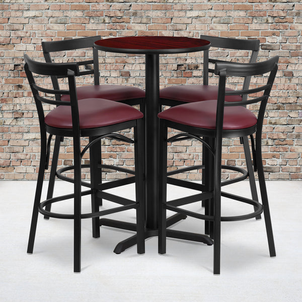 24'' Round Mahogany Laminate Table Set with X-Base and 4 Two-Slat Ladder Back Metal Barstools - Burgundy Vinyl Seat