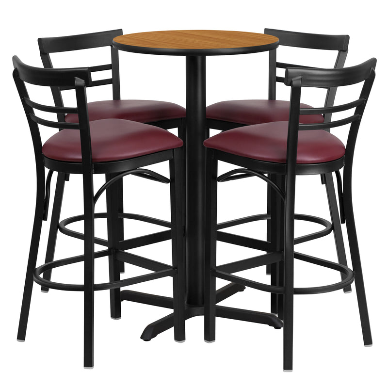 24'' Round Natural Laminate Table Set with X-Base and 4 Two-Slat Ladder Back Metal Barstools - Burgundy Vinyl Seat