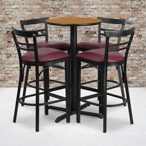 24'' Round Natural Laminate Table Set with X-Base and 4 Two-Slat Ladder Back Metal Barstools - Burgundy Vinyl Seat