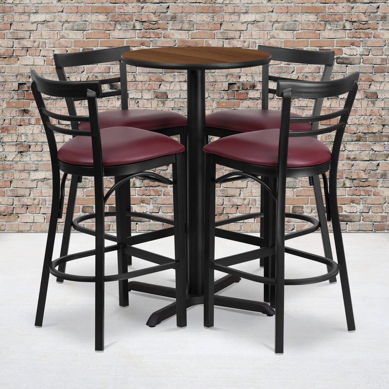 24'' Round Walnut Laminate Table Set with X-Base and 4 Two-Slat Ladder Back Metal Barstools - Burgundy Vinyl Seat