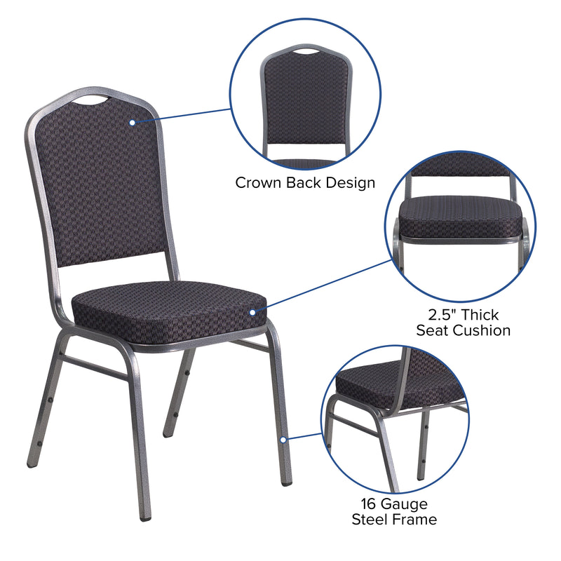 SINGLEWAVE Series Crown Back Stacking Banquet Chair in Black Patterned Fabric - Silver Vein Frame