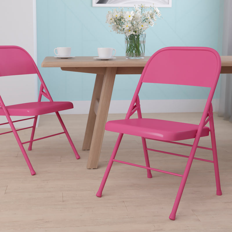 SINGLEWAVE COLORBURST Series Shockingly Fuchsia Triple Braced & Double Hinged Metal Folding Chair