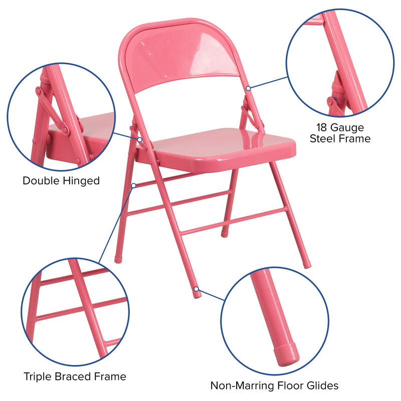 SINGLEWAVE COLORBURST Series Bubblegum Pink Triple Braced & Double Hinged Metal Folding Chair