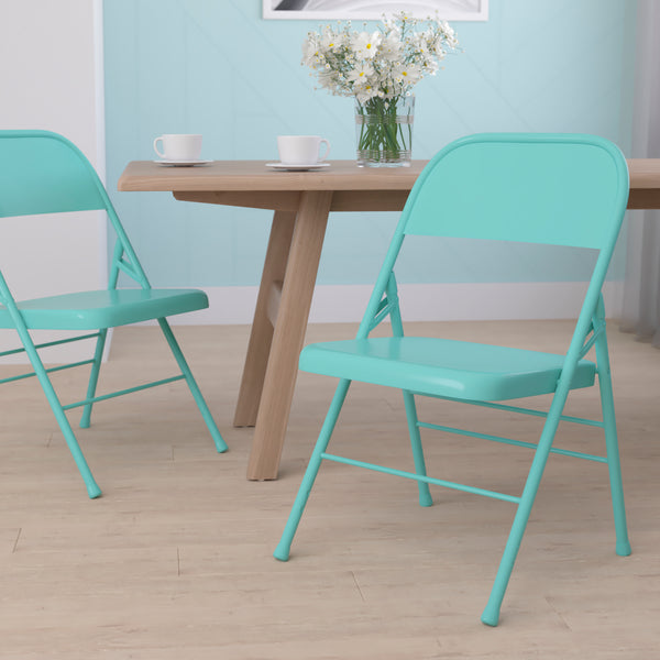 SINGLEWAVE COLORBURST Series Tantalizing Teal Triple Braced & Double Hinged Metal Folding Chair