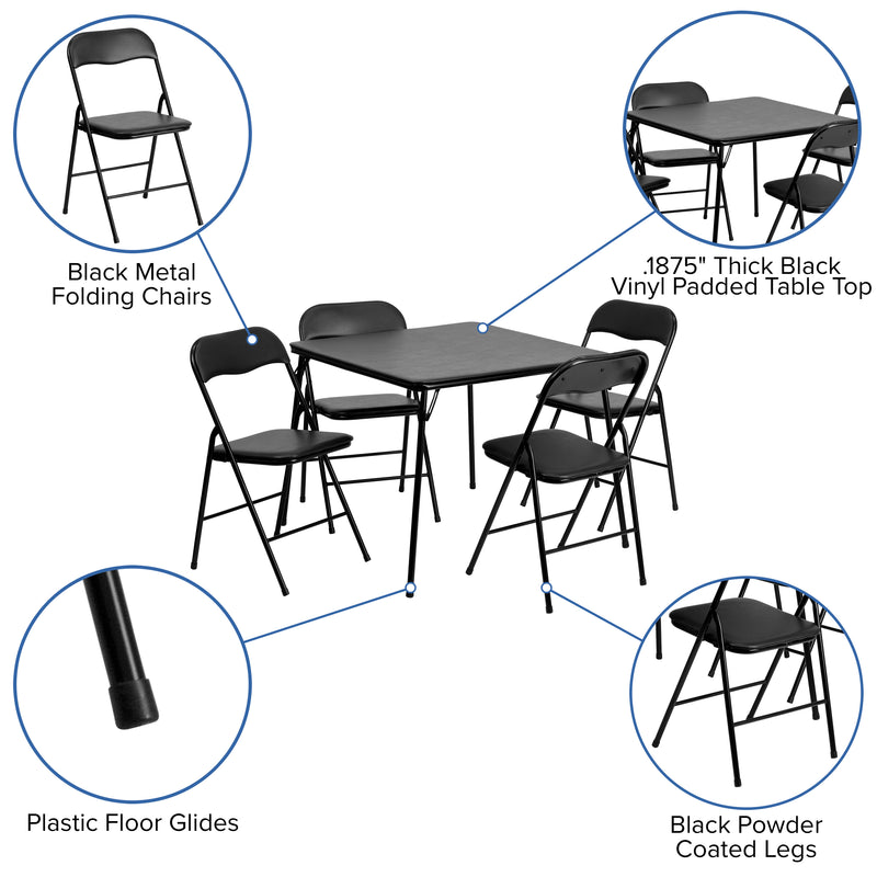 5 Piece Black Folding Card Table and Chair Set