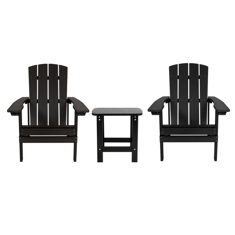 2 Pack Charlestown All-Weather Poly Resin Wood Adirondack Chairs with Side Table in Black