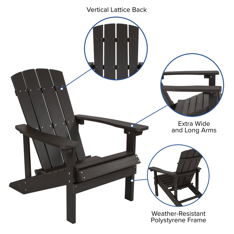 2 Pack Charlestown All-Weather Poly Resin Wood Adirondack Chairs with Side Table in Black