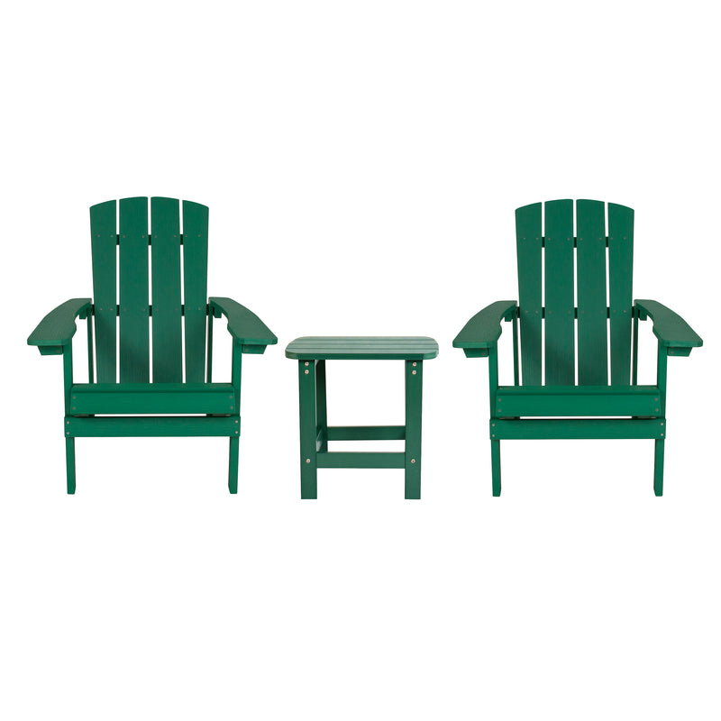 2 Pack Charlestown All-Weather Poly Resin Wood Adirondack Chairs with Side Table in Green