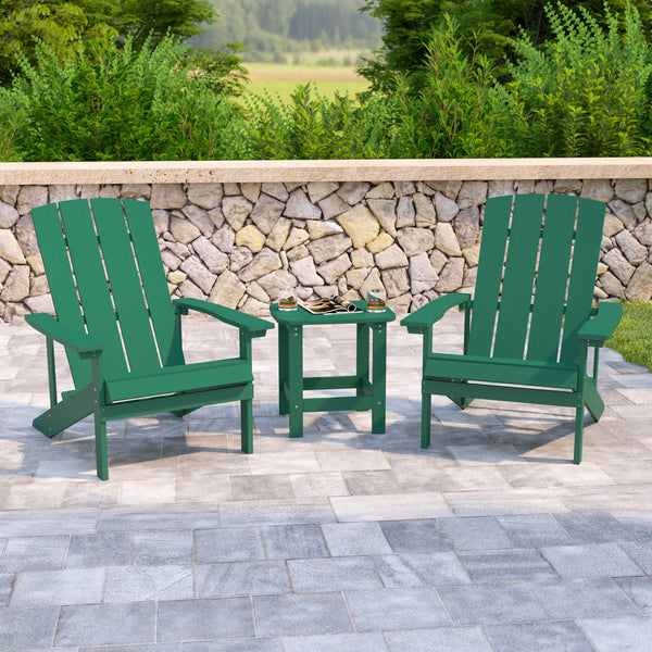 2 Pack Charlestown All-Weather Poly Resin Wood Adirondack Chairs with Side Table in Green