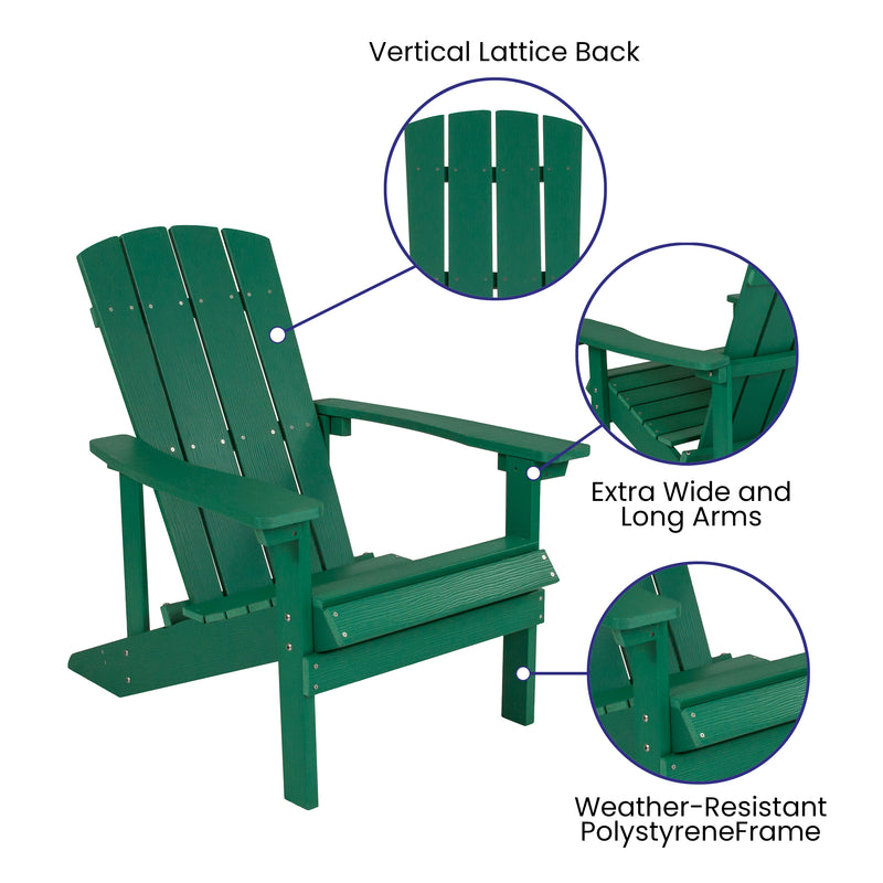 2 Pack Charlestown All-Weather Poly Resin Wood Adirondack Chairs with Side Table in Green