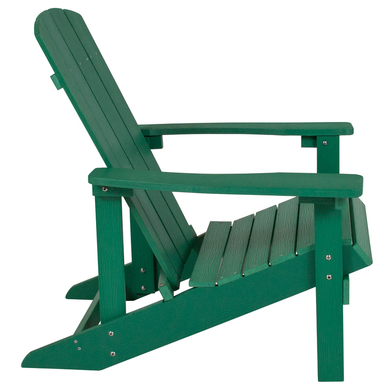 2 Pack Charlestown All-Weather Poly Resin Wood Adirondack Chairs with Side Table in Green