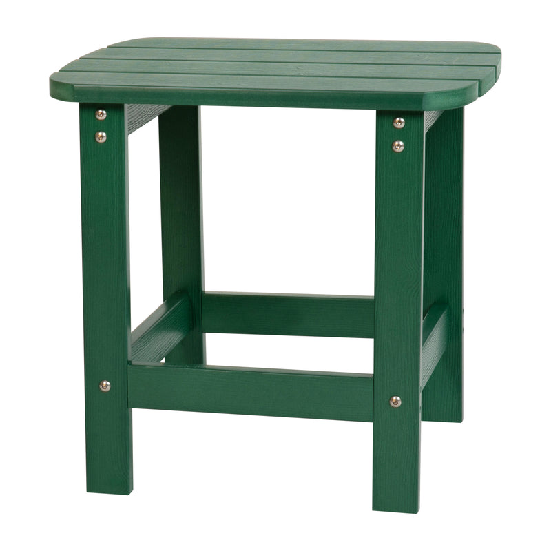 2 Pack Charlestown All-Weather Poly Resin Wood Adirondack Chairs with Side Table in Green