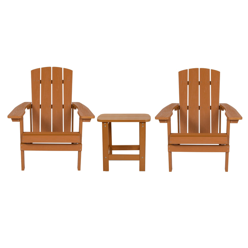 2 Pack Charlestown All-Weather Poly Resin Wood Adirondack Chairs with Side Table in Teak