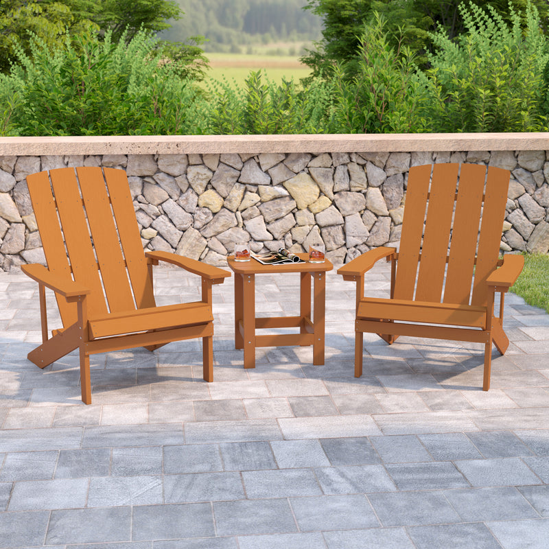 2 Pack Charlestown All-Weather Poly Resin Wood Adirondack Chairs with Side Table in Teak