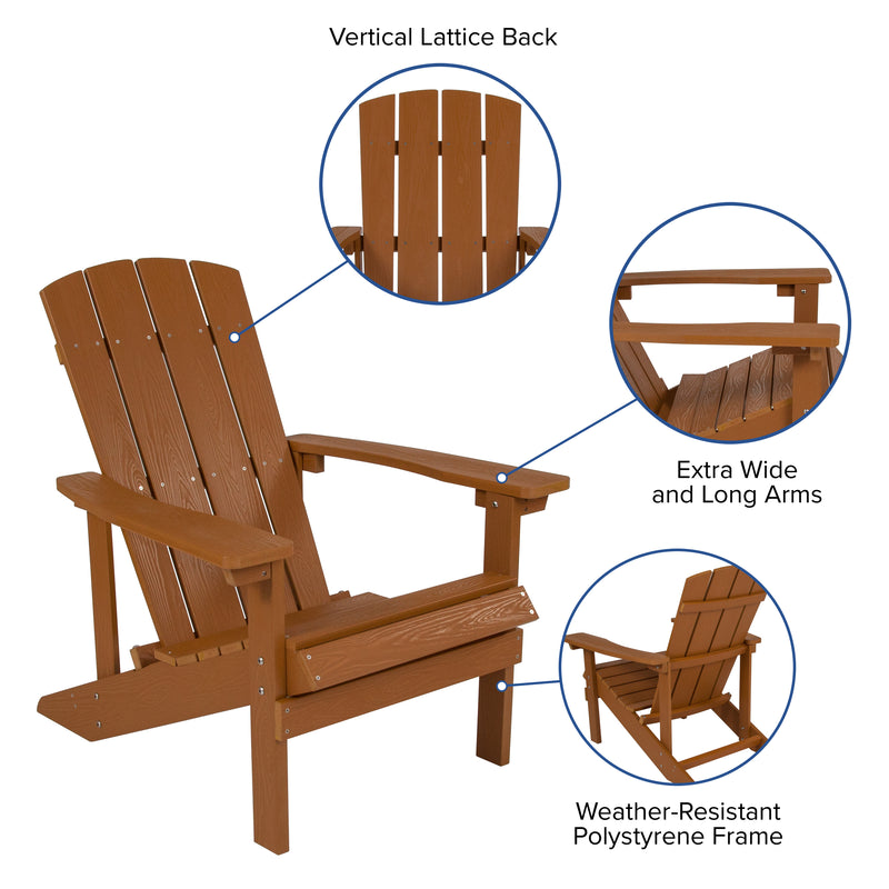 2 Pack Charlestown All-Weather Poly Resin Wood Adirondack Chairs with Side Table in Teak