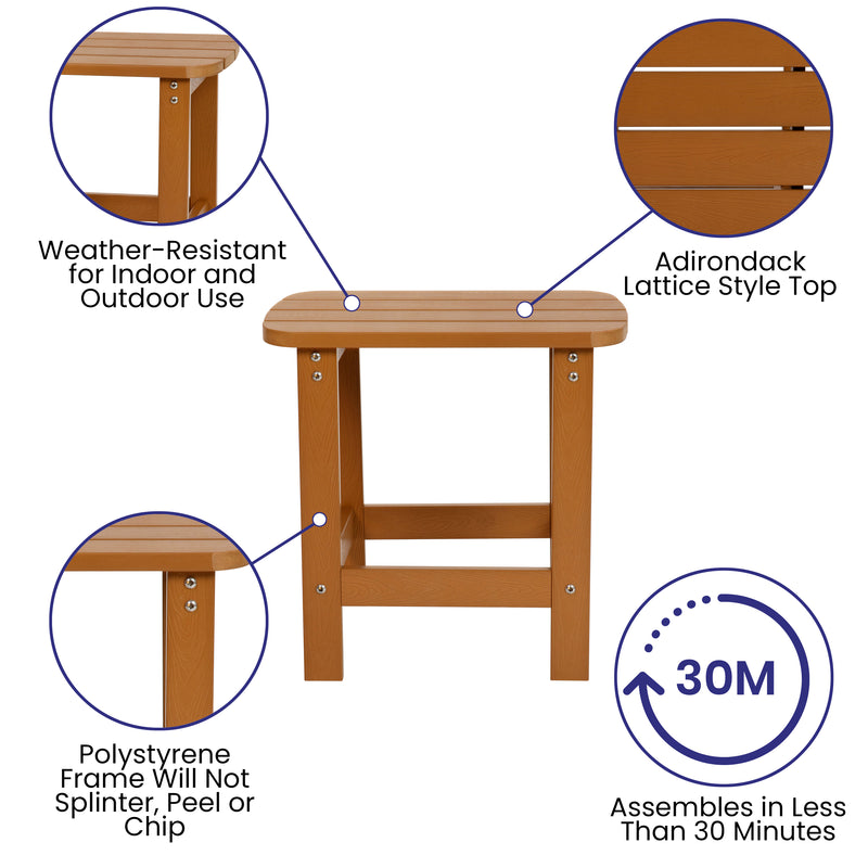 2 Pack Charlestown All-Weather Poly Resin Wood Adirondack Chairs with Side Table in Teak