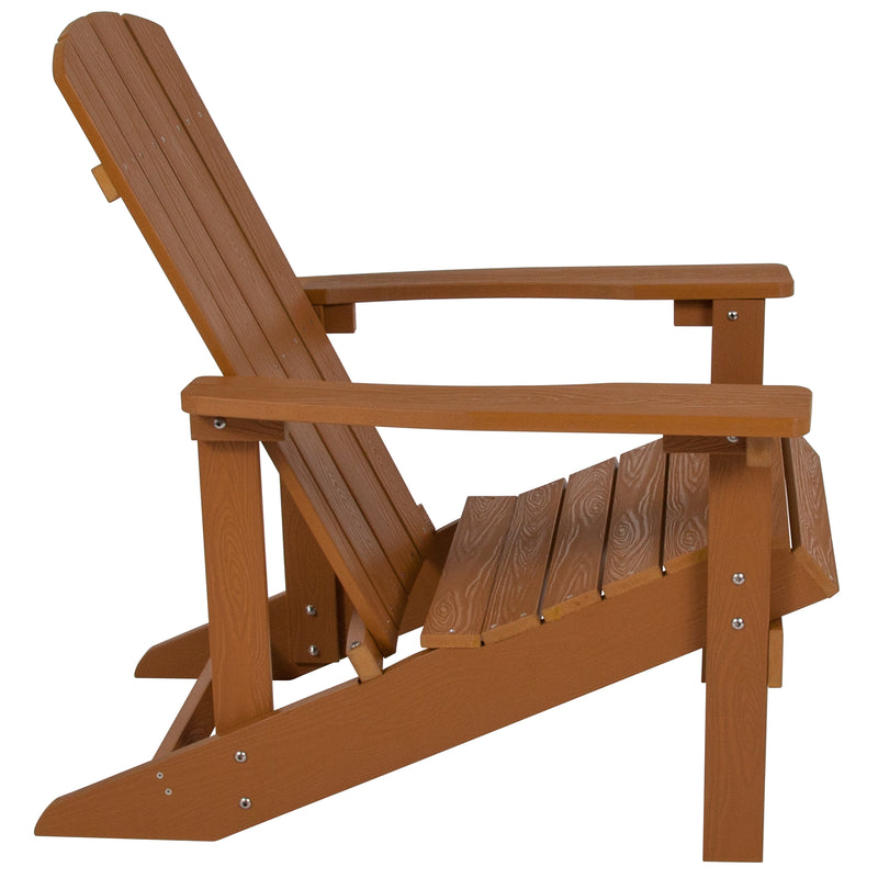 2 Pack Charlestown All-Weather Poly Resin Wood Adirondack Chairs with Side Table in Teak