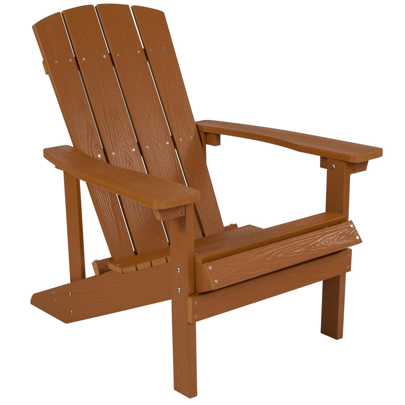 2 Pack Charlestown All-Weather Poly Resin Wood Adirondack Chairs with Side Table in Teak