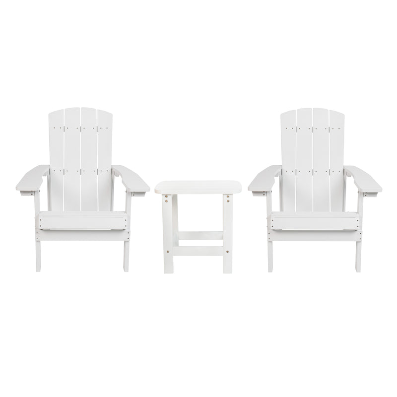 2 Pack Charlestown All-Weather Poly Resin Wood Adirondack Chairs with Side Table in White