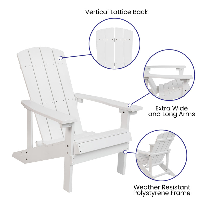 2 Pack Charlestown All-Weather Poly Resin Wood Adirondack Chairs with Side Table in White