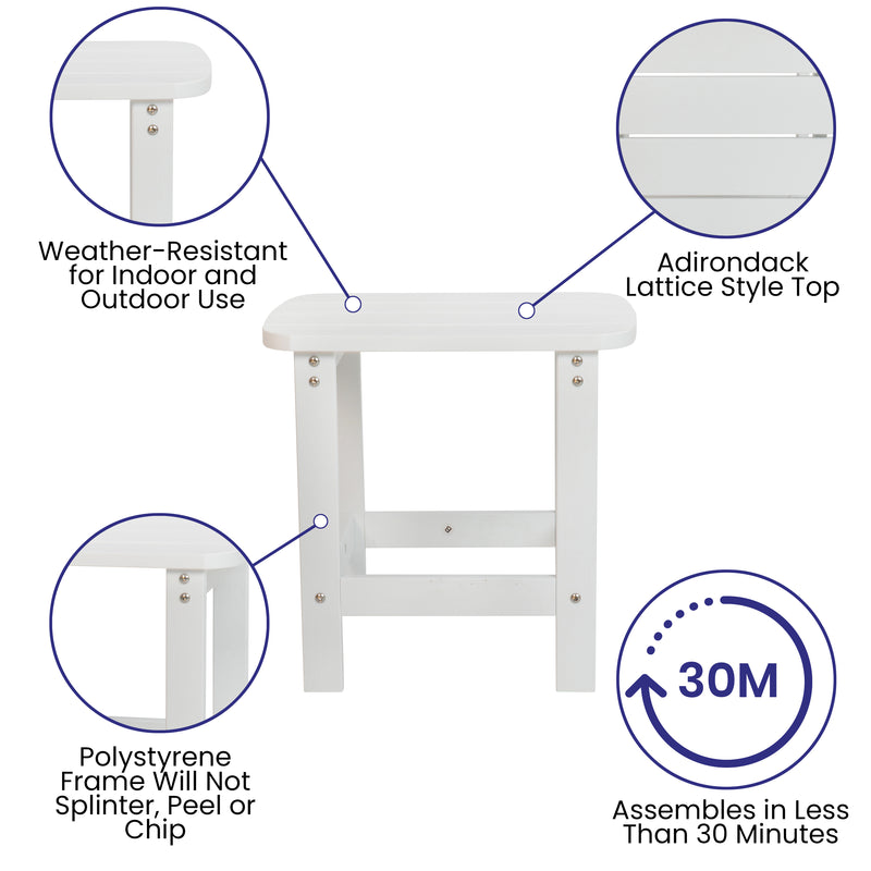 2 Pack Charlestown All-Weather Poly Resin Wood Adirondack Chairs with Side Table in White