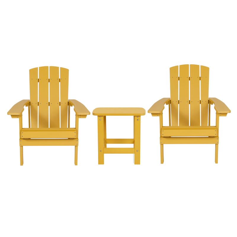 2 Pack Charlestown All-Weather Poly Resin Wood Adirondack Chairs with Side Table in Yellow