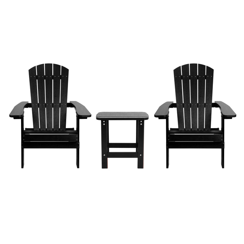 2 Pack Charlestown All-Weather Poly Resin Folding Adirondack Chairs with Side Table in Black