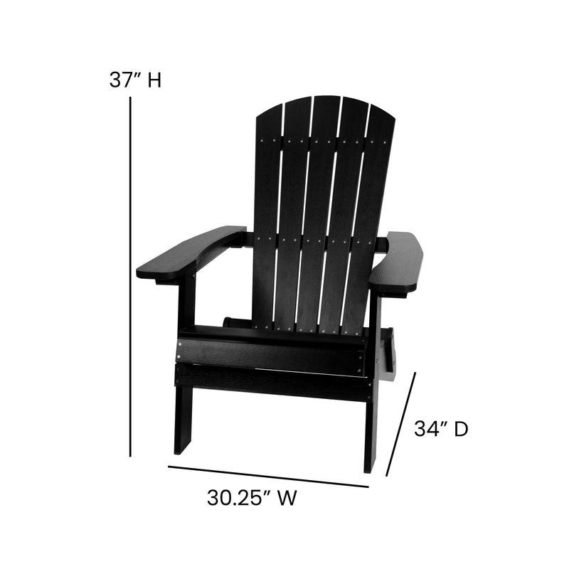 2 Pack Charlestown All-Weather Poly Resin Folding Adirondack Chairs with Side Table in Black