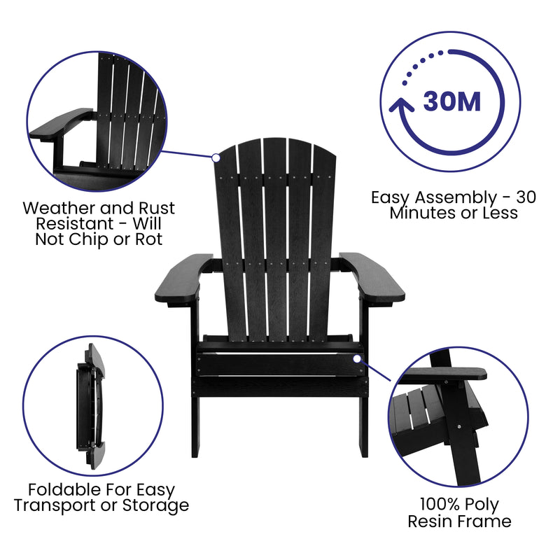 2 Pack Charlestown All-Weather Poly Resin Folding Adirondack Chairs with Side Table in Black