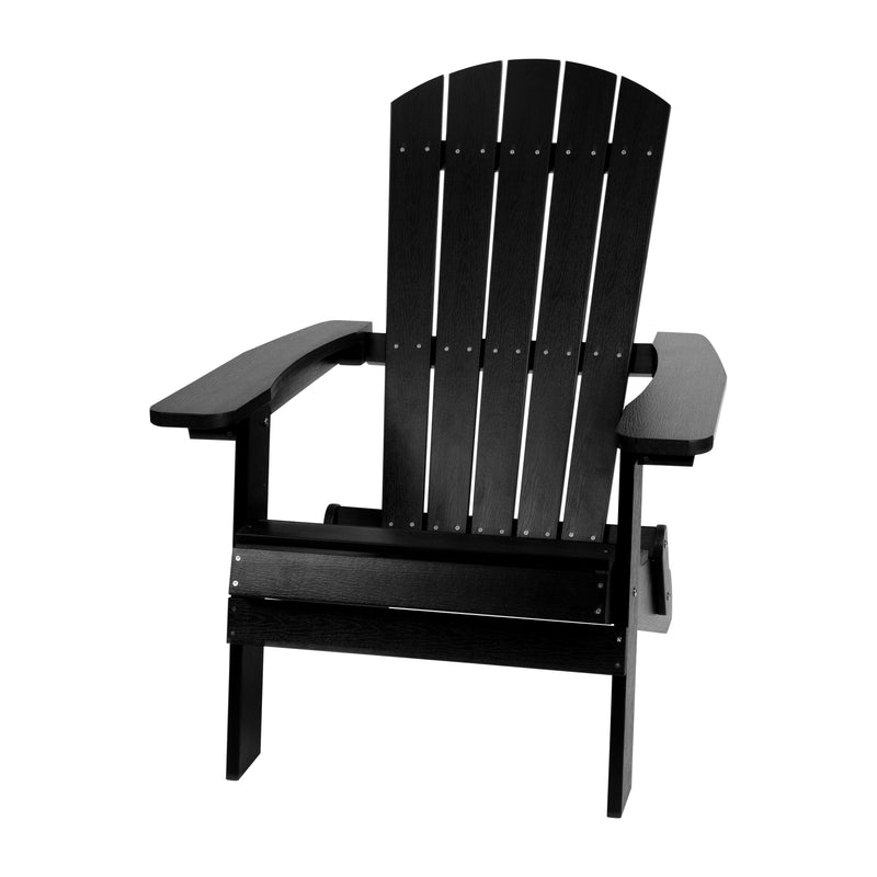 2 Pack Charlestown All-Weather Poly Resin Folding Adirondack Chairs with Side Table in Black