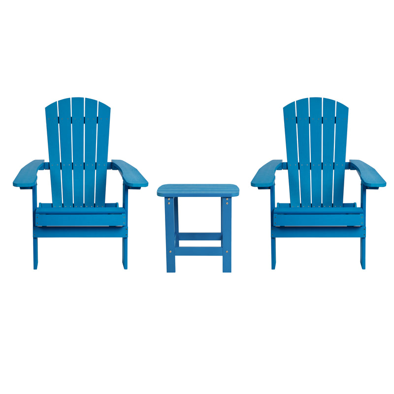 2 Pack Charlestown All-Weather Poly Resin Folding Adirondack Chairs with Side Table in Blue