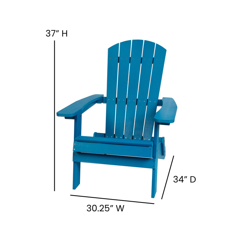 2 Pack Charlestown All-Weather Poly Resin Folding Adirondack Chairs with Side Table in Blue