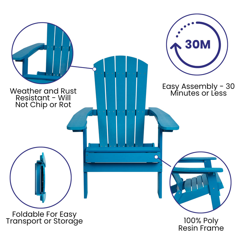 2 Pack Charlestown All-Weather Poly Resin Folding Adirondack Chairs with Side Table in Blue