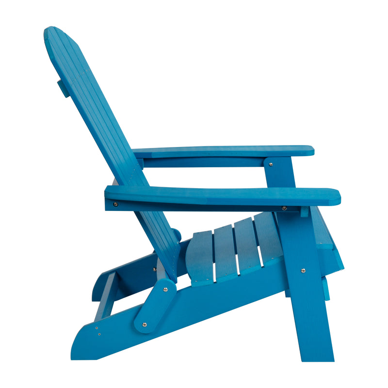 2 Pack Charlestown All-Weather Poly Resin Folding Adirondack Chairs with Side Table in Blue